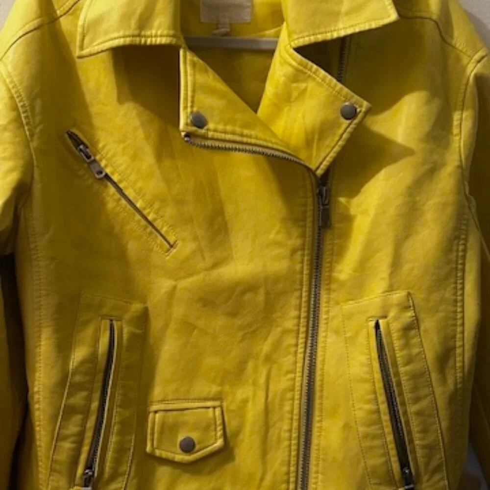 Avec Les Filles Bright Yellow Relaxed Lined Vegan Leather Boho Moto Zip Jacket - Picture 7 of 16